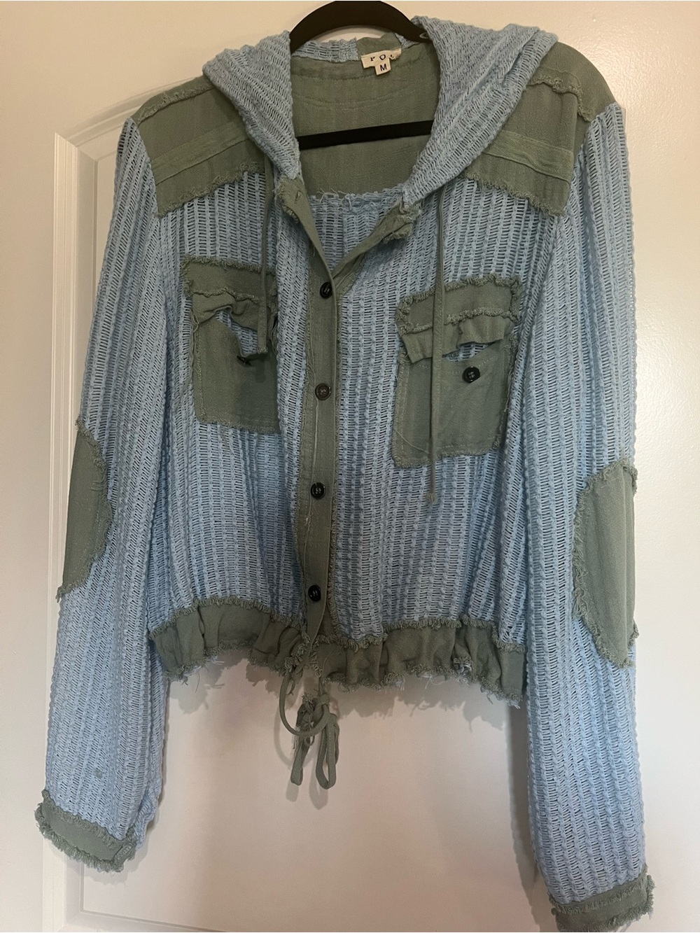 POL Blue and Olive Hooded Button-Front Utility Jacket